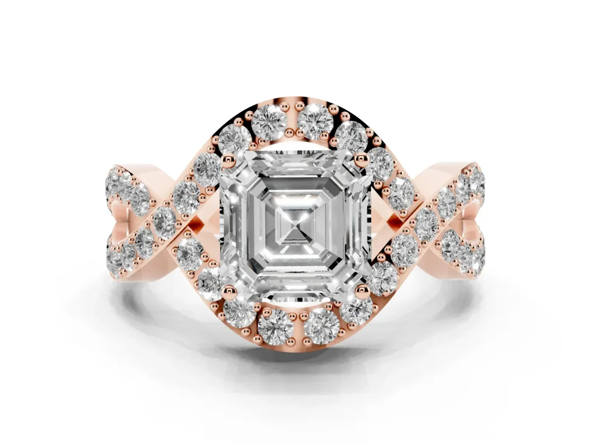Asscher Cut Solitaire Twist Band Pavé Diamond Engagement Ring Rose gold