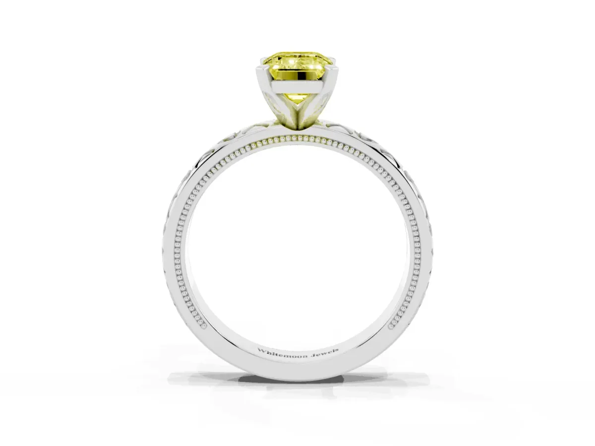 Fancy Yellow Emerald Cut Solitaire Diamond Engagement Ring with XO Engraved Band and Four-Prong Setting Silver