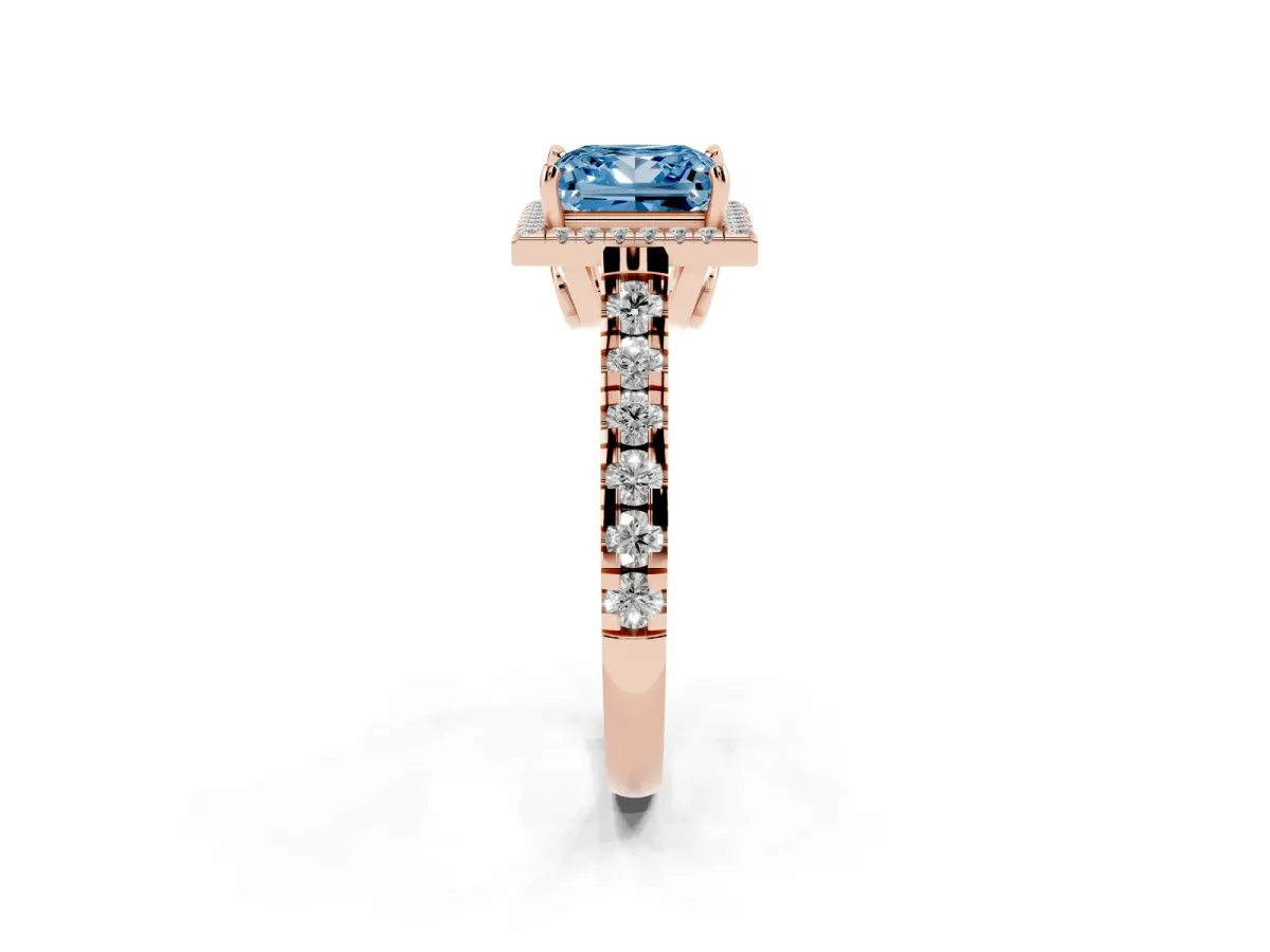 Fancy Blue Princess Cut Halo Pavé Diamond Engagement Ring with Four-Prong Setting Rose gold