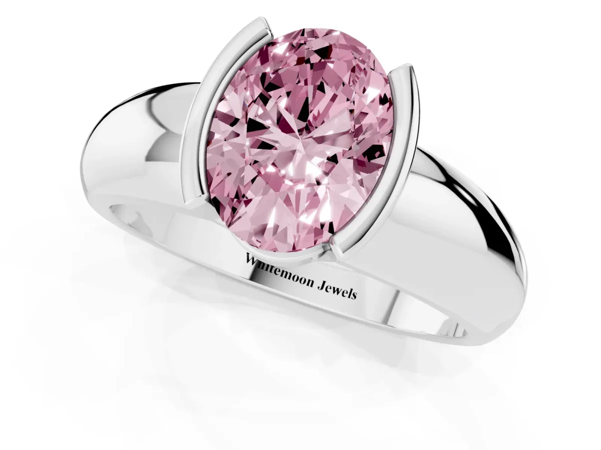 Fancy Pink Oval Cut Solitaire Tension Set Diamond Ring with Wide Band White gold
