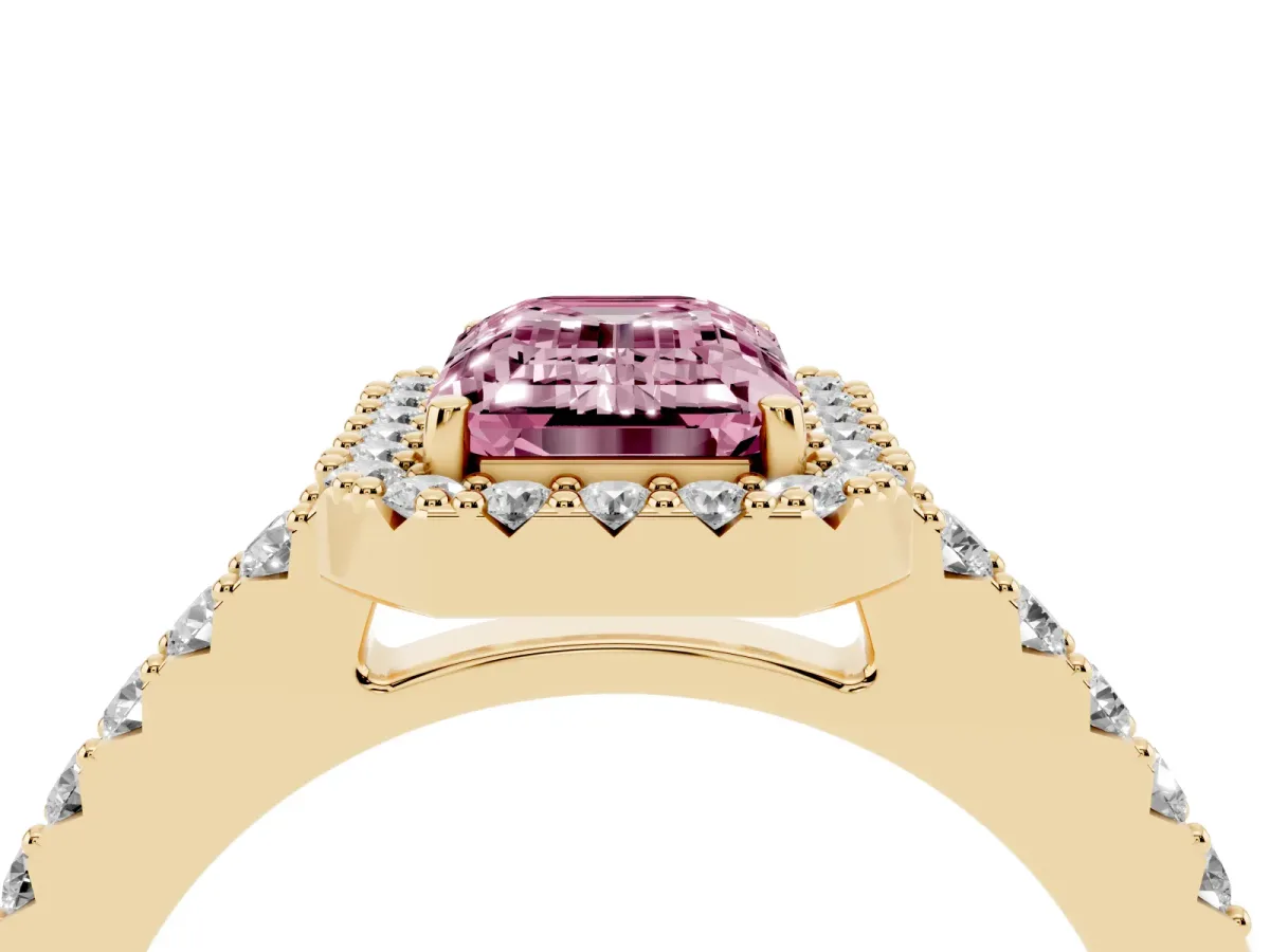Fancy Pink Emerald Cut Halo Diamond Pavé Solitaire Ring Yellow gold