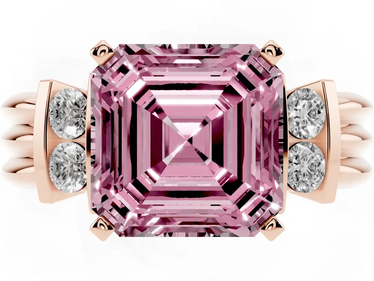 Fancy Pink Asscher Cut Cut Three-Stone Channel Set Ring with Bar Prongs Rose gold