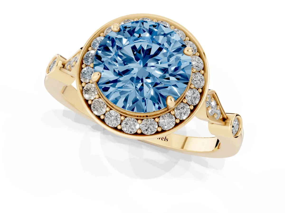 Fancy Blue Round Cut Halo Diamond Engagement Ring with Twisted Band and Four-Prong Setting Yellow gold