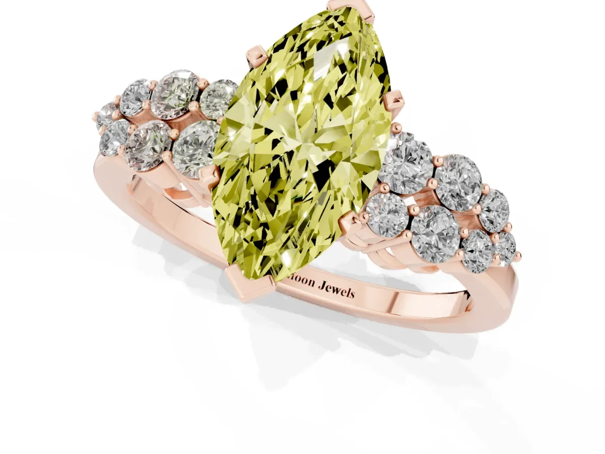 Fancy Yellow Marquise Cut Cluster Diamond Engagement Ring with Pavé Band and Four-Prong Setting Rose gold