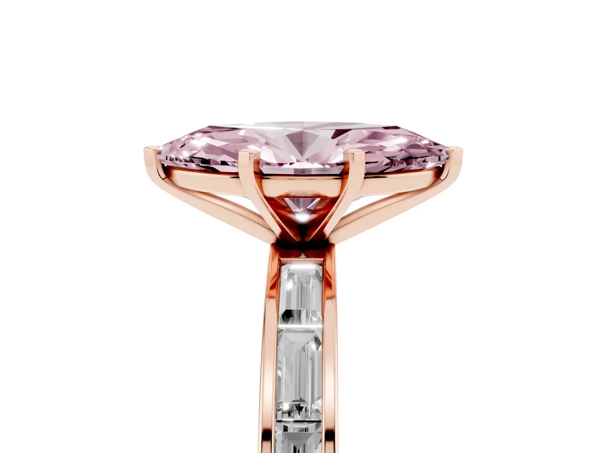 Fancy Pink Marquise Cut Solitaire Diamond Ring with Channel-Set Baguette Band and Four-Prong Setting Rose gold