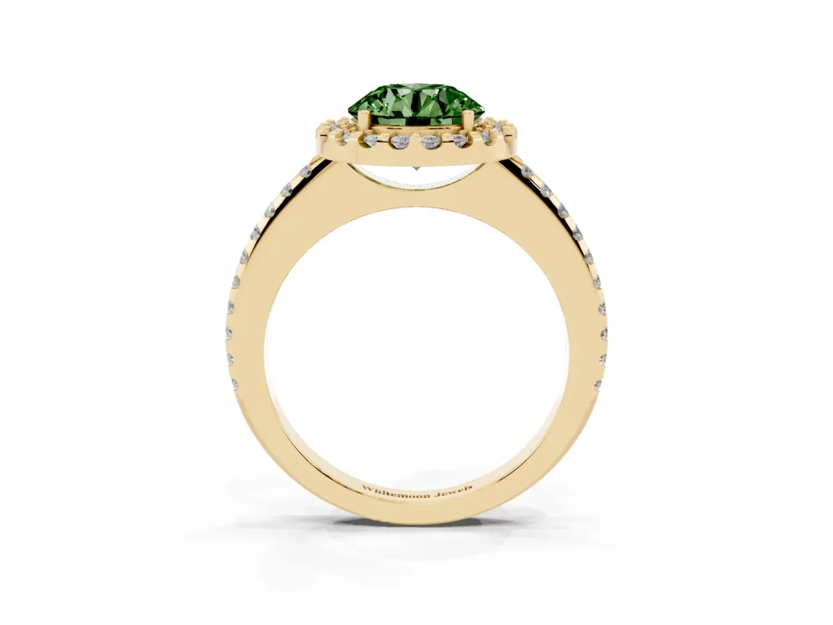 Fancy Green Round Cut Diamond Pavé Halo Ring with Four-Prong Setting Yellow gold