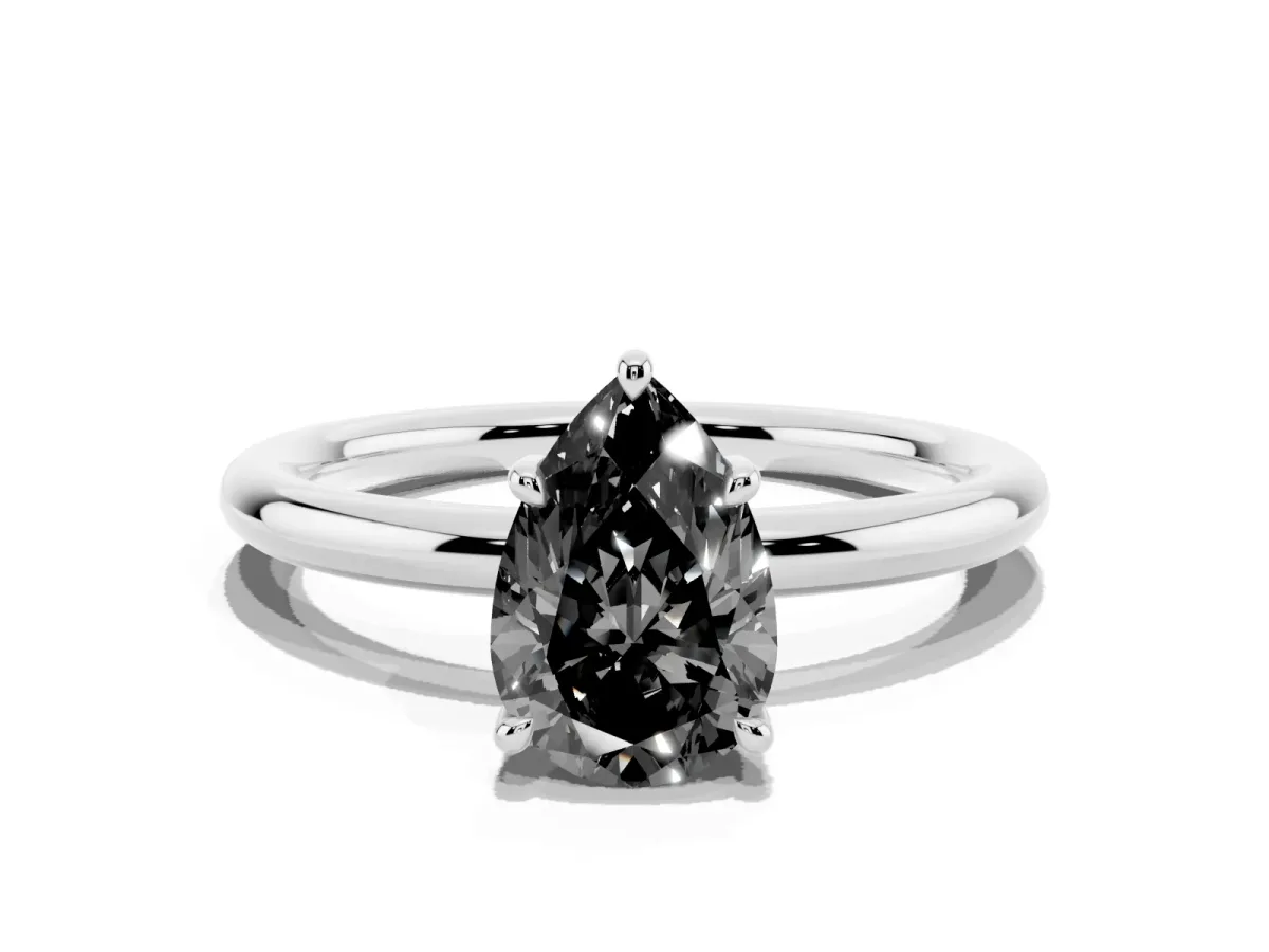 Fancy Black Pear Cut Diamond Solitaire Ring with Thin Band and Four-Prong Setting Silver