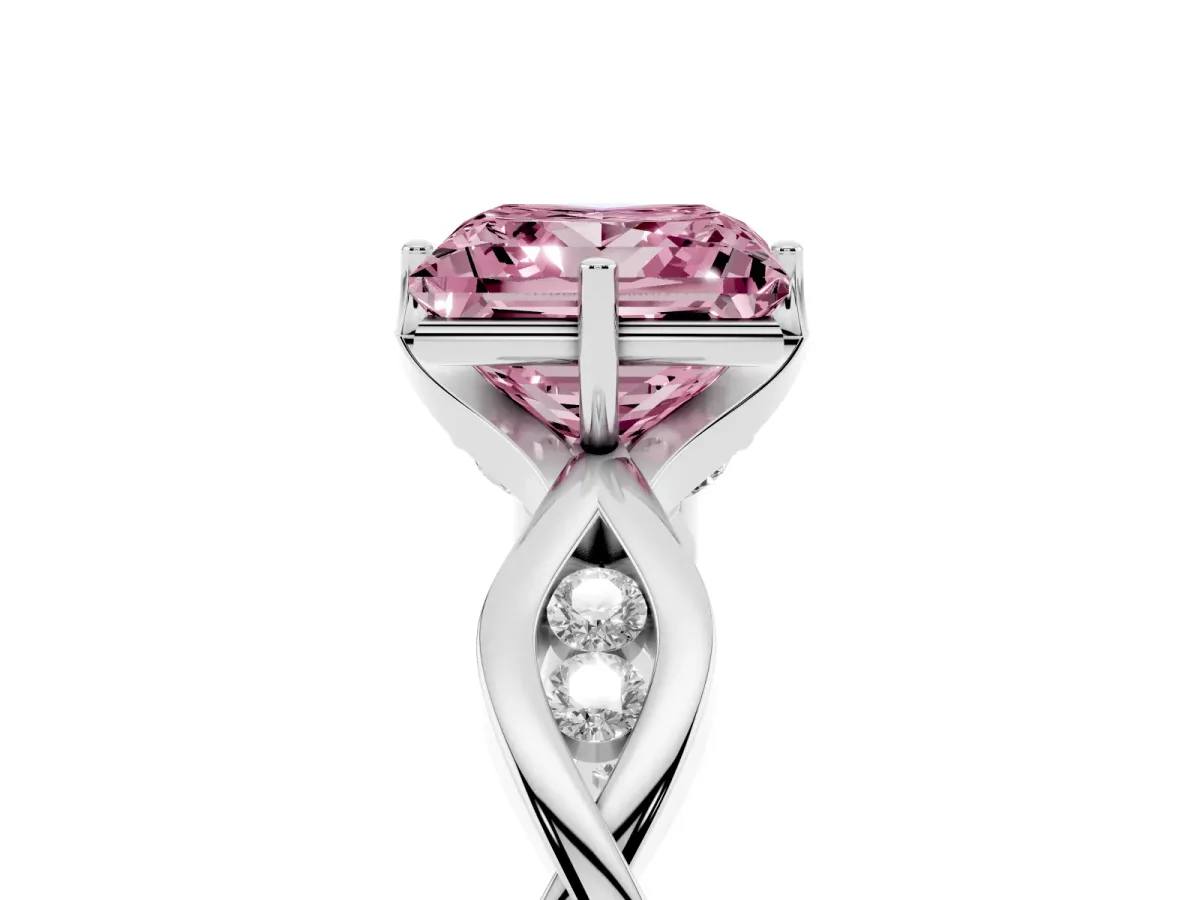 Fancy Pink Princess Cut Solitaire Twist Band with Leaf Prong Setting Silver