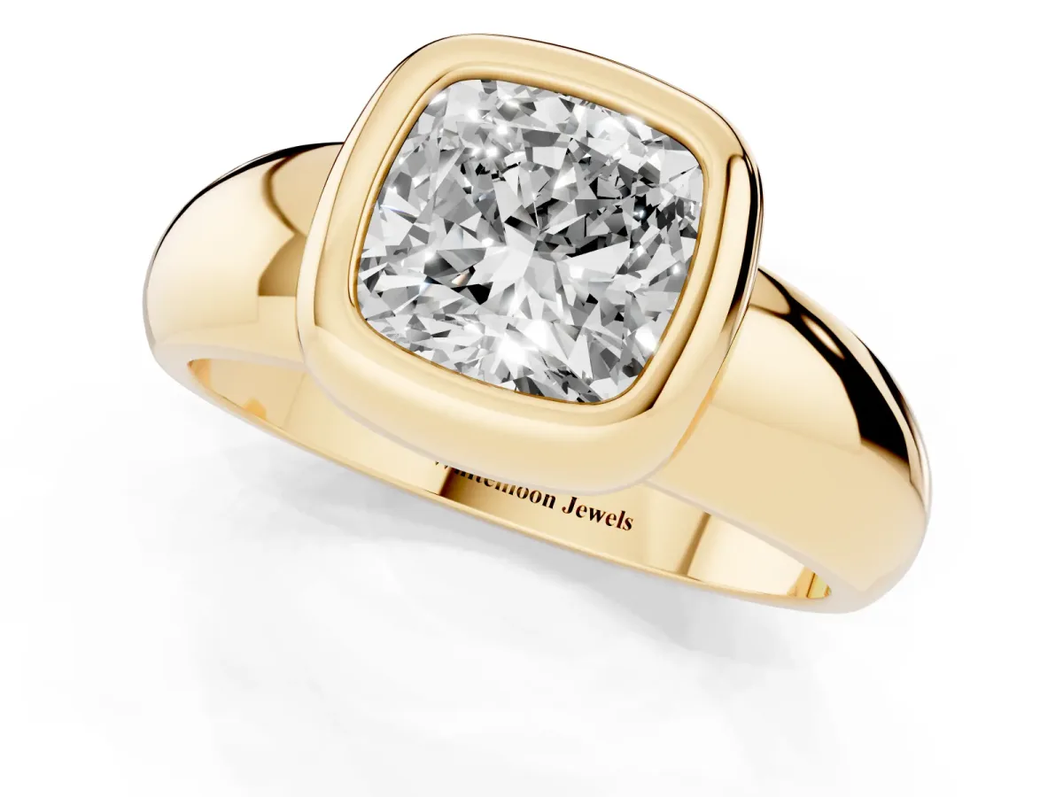 Bezel Set Cushion Cut Solitaire Ring with Wide Band Yellow gold