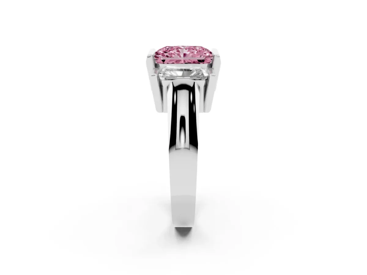 Fancy Pink Three Stone Radiant Cut Cut Channel Set Diamond Ring Platinum