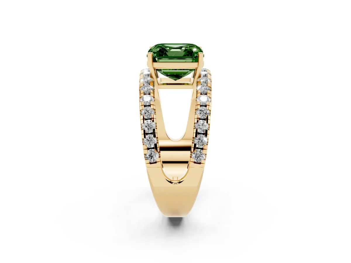 Fancy Green Asscher Cut Solitaire Split Shank Pave Diamond Ring Yellow gold