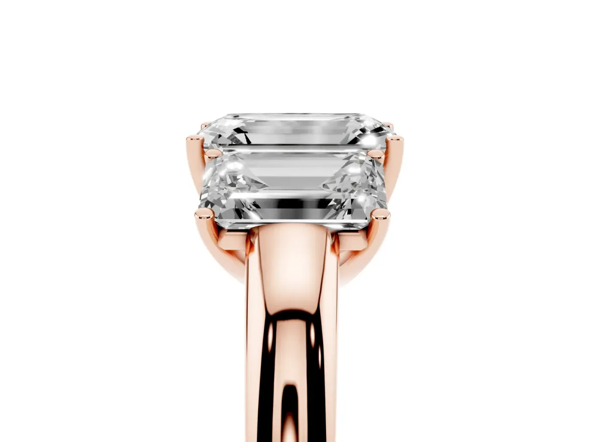 Emerald Cut Diamond Three-Stone Ring with Four-Prong Setting and Classic Band Rose gold