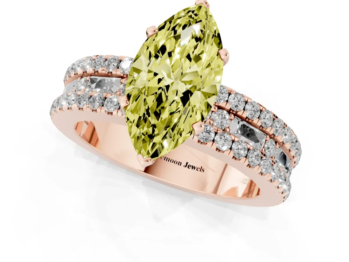 Fancy Yellow Marquise Cut Diamond Solitaire Ring with Pavé and Channel Set Band Rose gold