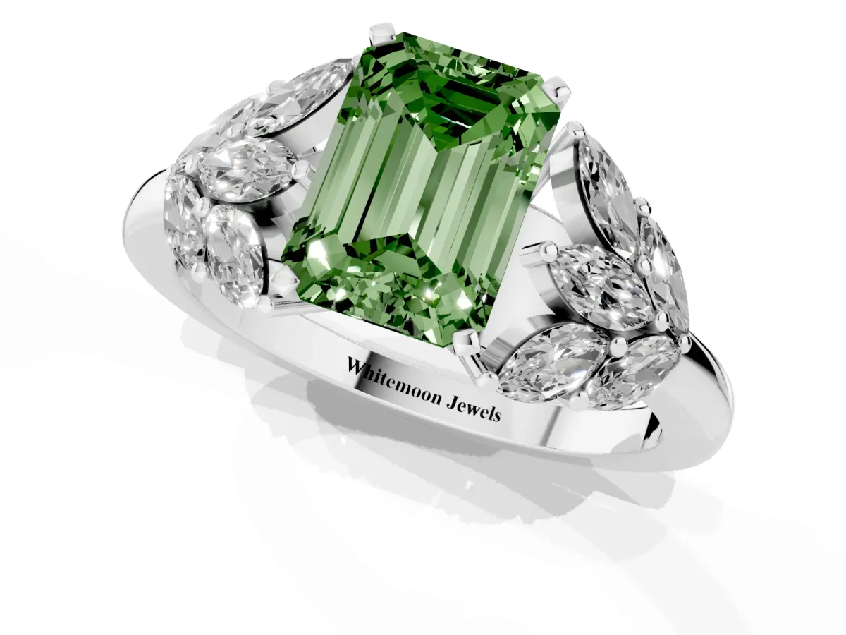 Fancy Green Emerald Cut Diamond Cluster Leaf Design Ring with Prong Setting White gold