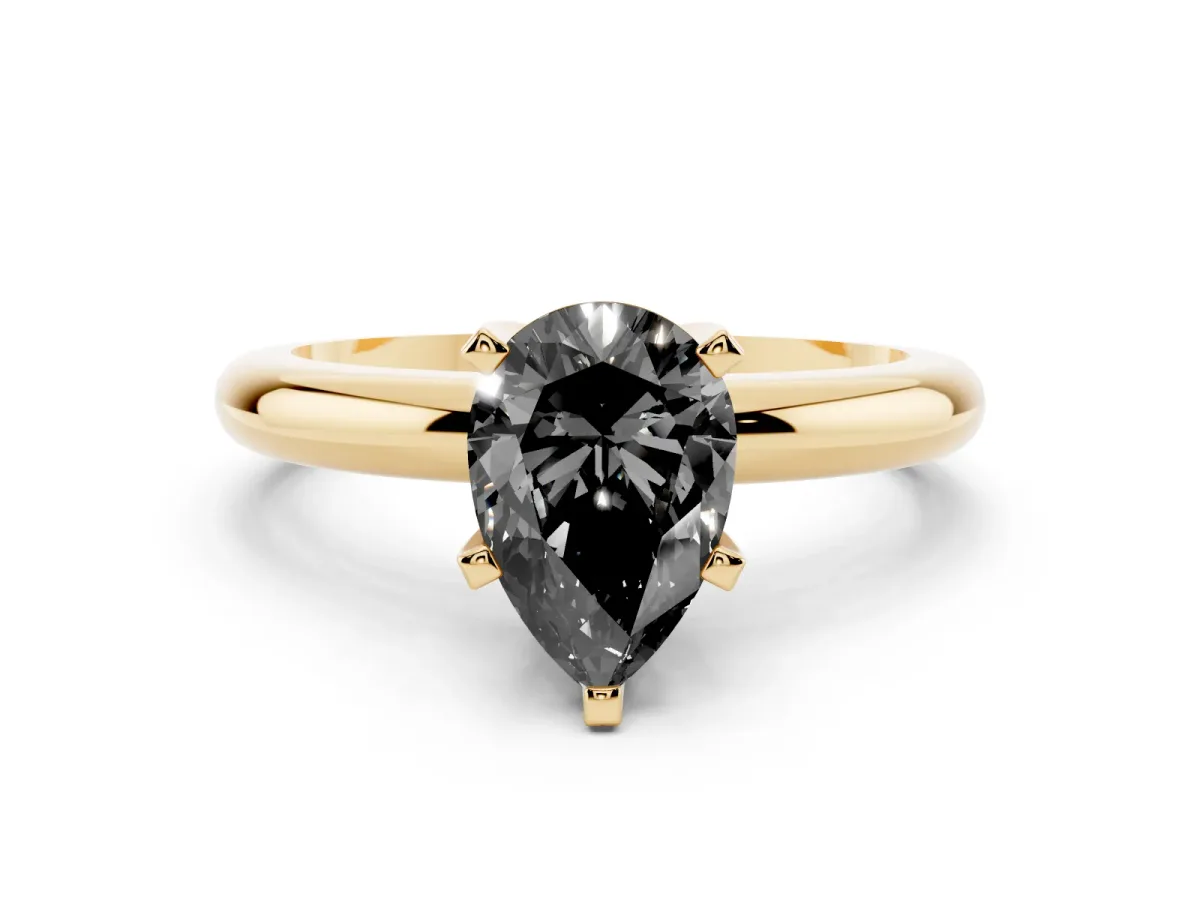 Fancy Black Pear Cut Diamond Solitaire Engagement Ring with Round Band and Four-Prong Setting Yellow gold
