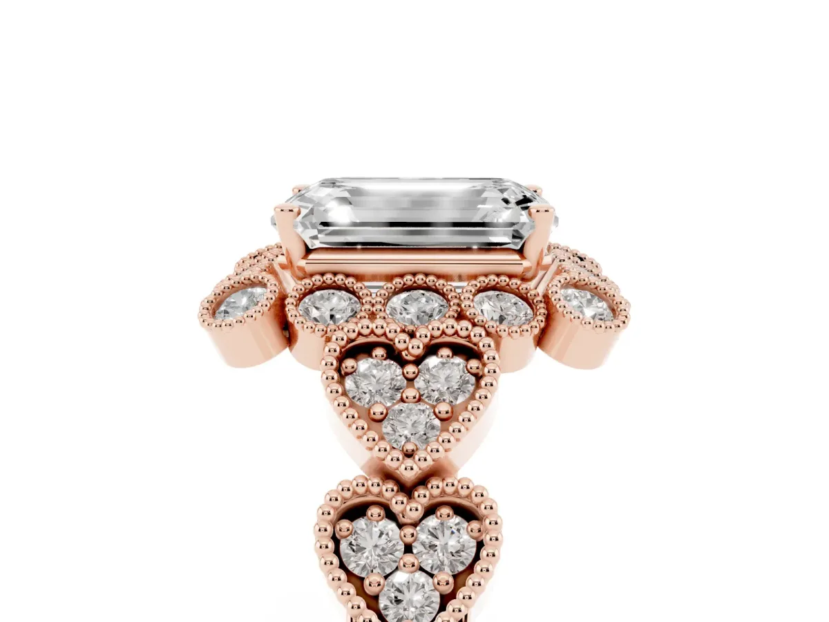 Emerald Cut Brilliant Milgrain Pave Heart Band Solitaire Ring Rose gold