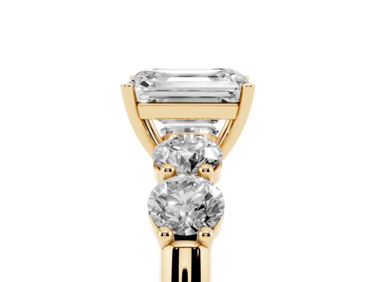 Emerald Cut Cut Five-Stone Prong Set Diamond Ring with Classic Band Yellow gold
