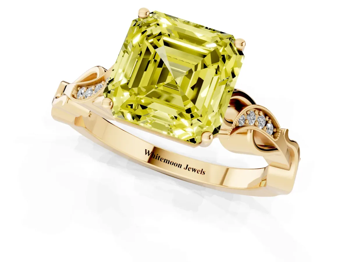 Fancy Yellow Asscher Cut Solitaire Vine Band with Milgrain Prong Setting Yellow gold
