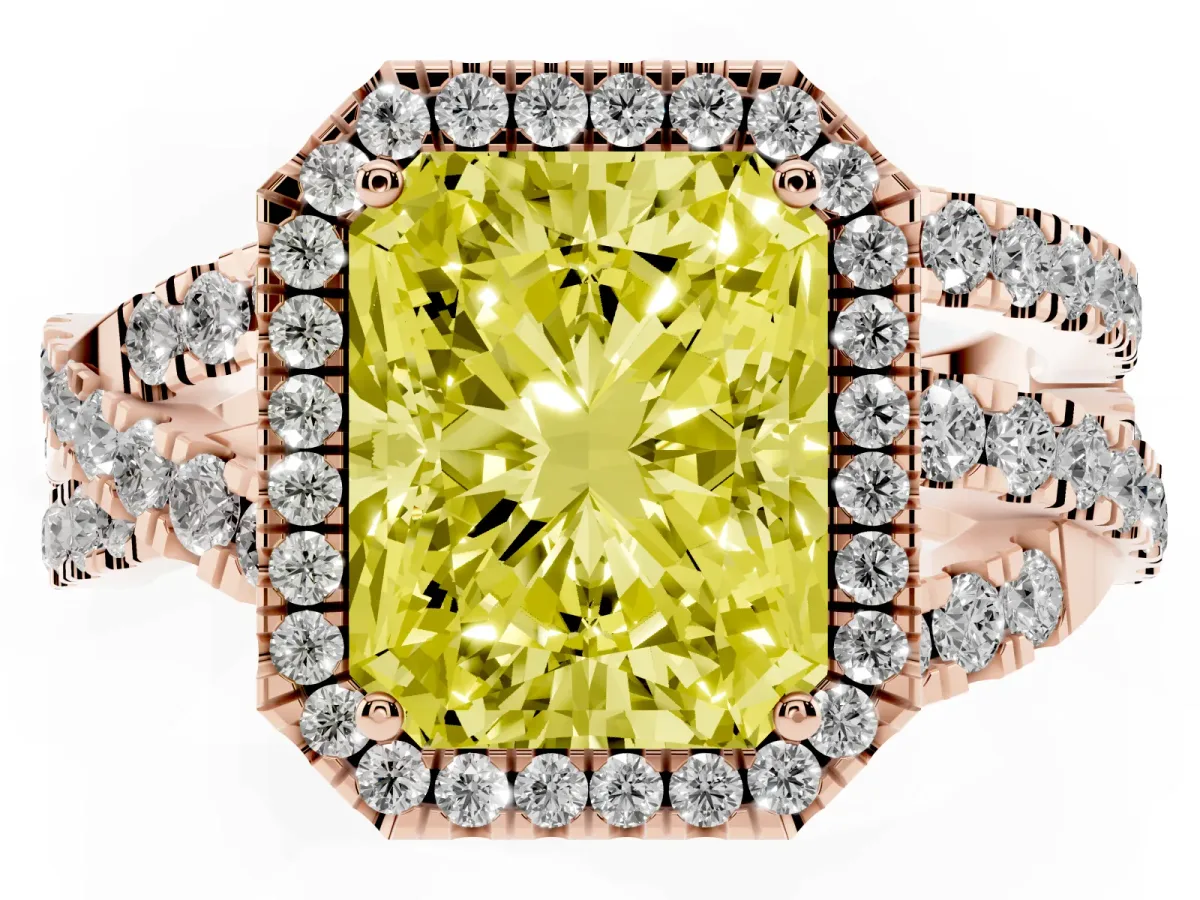 Fancy Yellow Radiant Cut Diamond Halo Ring with Round Split Shank and Prong Setting Rose gold