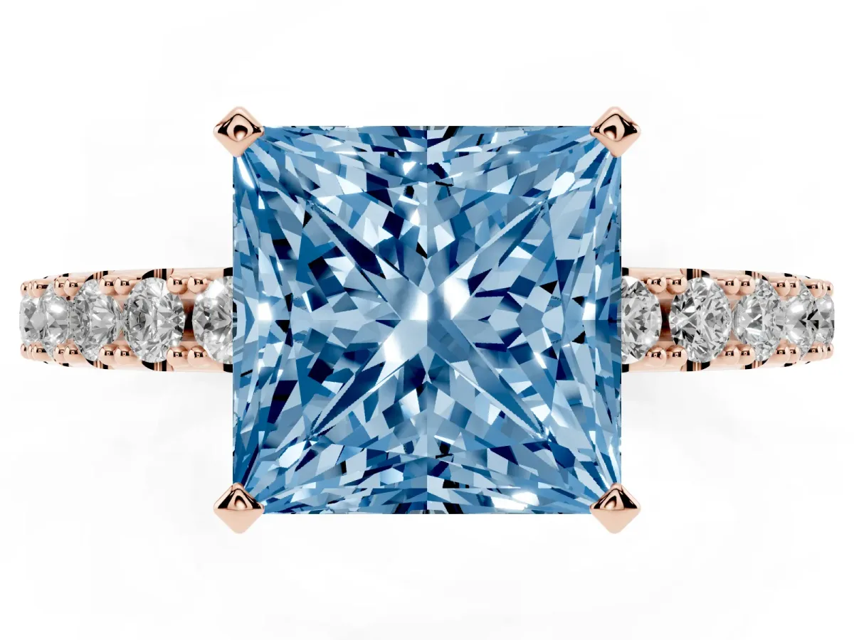 Fancy Blue Princess Cut Diamond Solitaire Pavé Band with Four-Prong Setting Rose gold