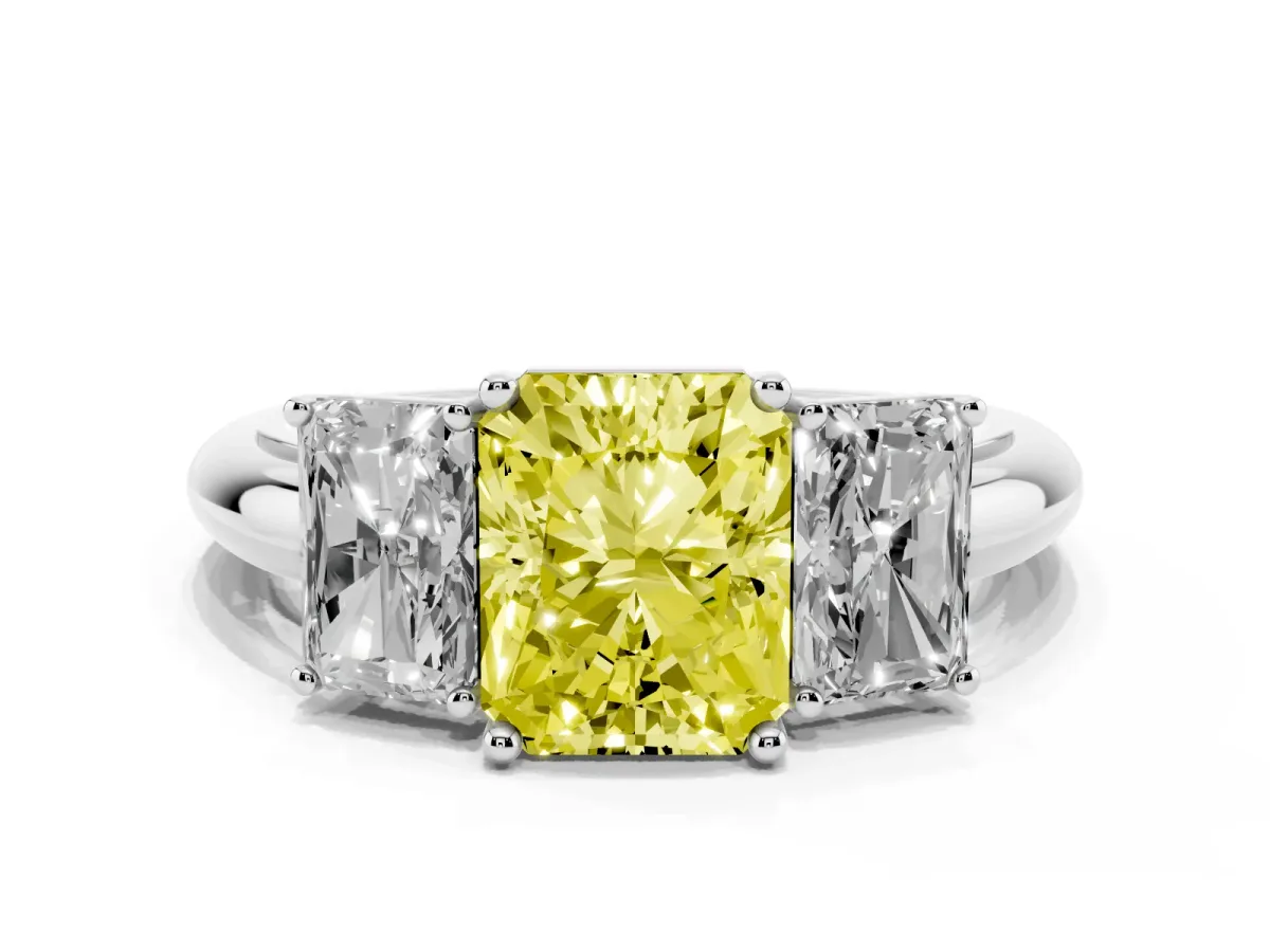 Fancy Yellow Three-Stone Radiant Cut Cut Diamond Engagement Ring with Prong Setting on a White Gold Band White gold