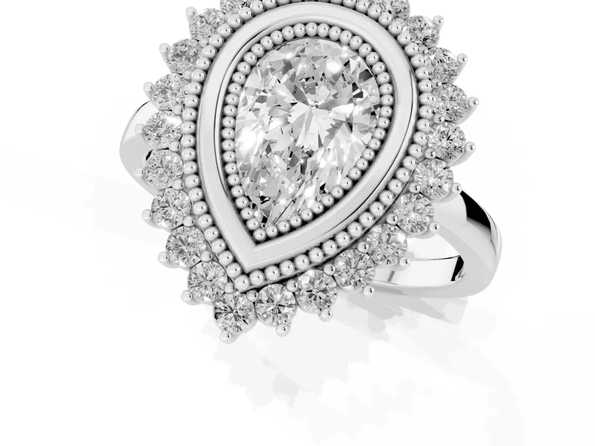 Pear Cut Halo Diamond Ring with Milgrain Edge and Round Prong Setting Silver