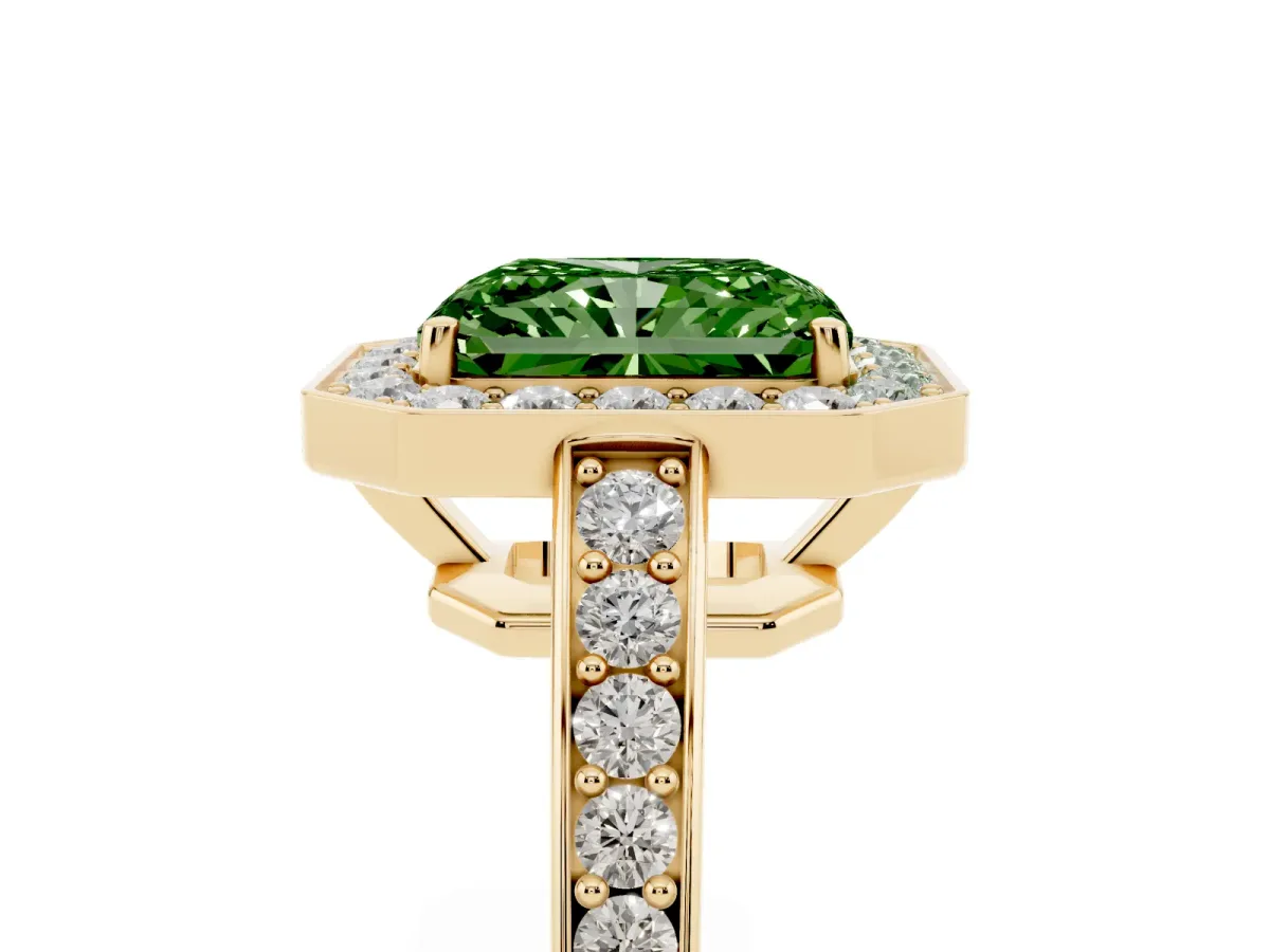 Fancy Green Radiant Cut Halo Pavé Diamond Engagement Ring with Bezel Setting Yellow gold