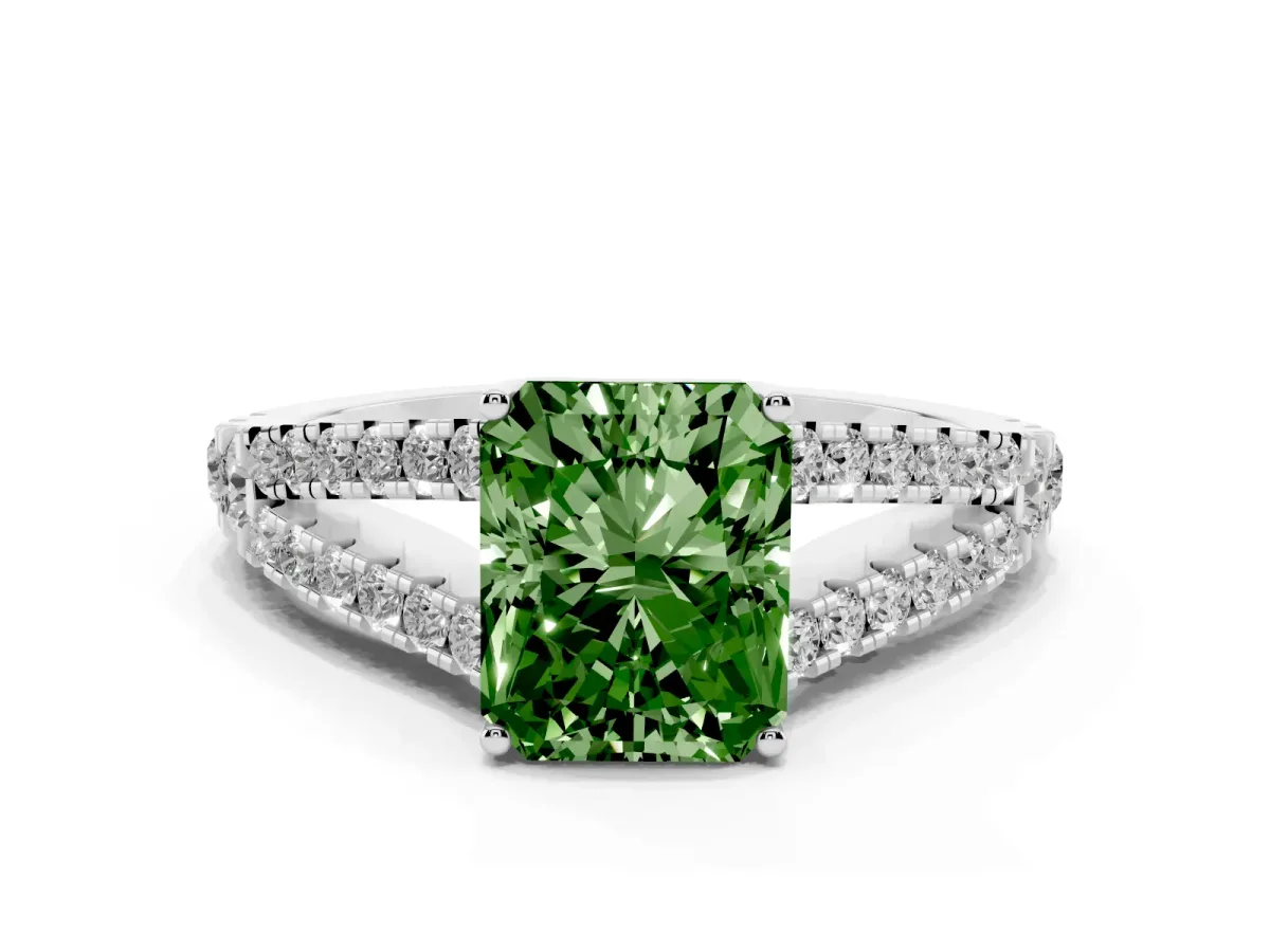 Fancy Green Radiant Cut Diamond Split Shank Pavé Engagement Ring with Four-Prong Setting Platinum