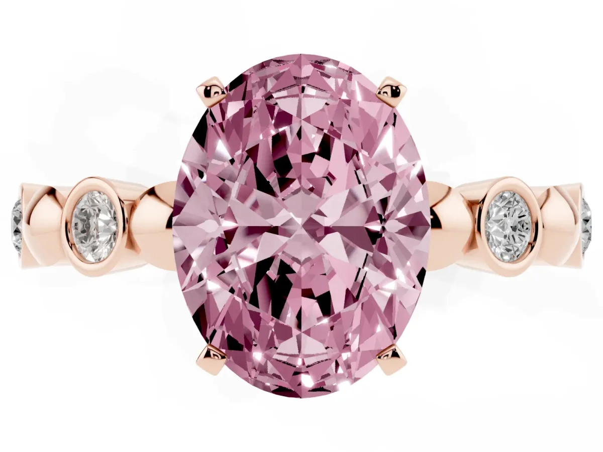 Fancy Pink Oval Cut Solitaire Bezel-Set Diamond Ring with Beaded Band and Four-Prong Setting Rose gold