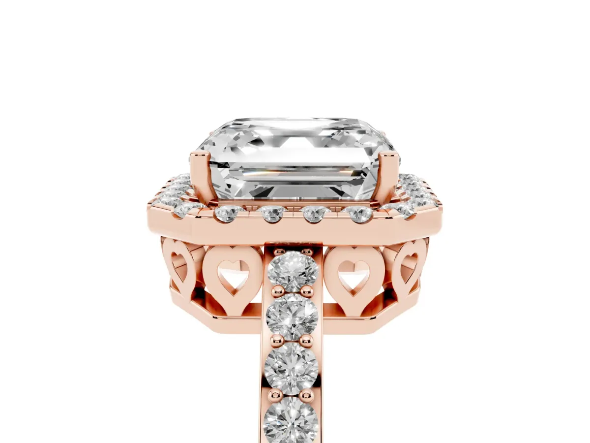 Asscher Cut Halo Diamond Pavé Band Ring with Prong Setting Rose gold