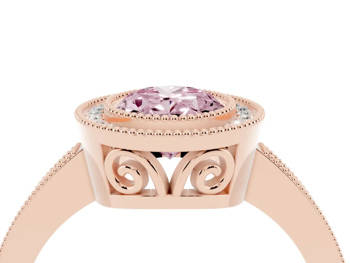 Fancy Pink Oval Cut Cut Halo Diamond Ring with Pavé Band and Milgrain Prong Setting Rose gold