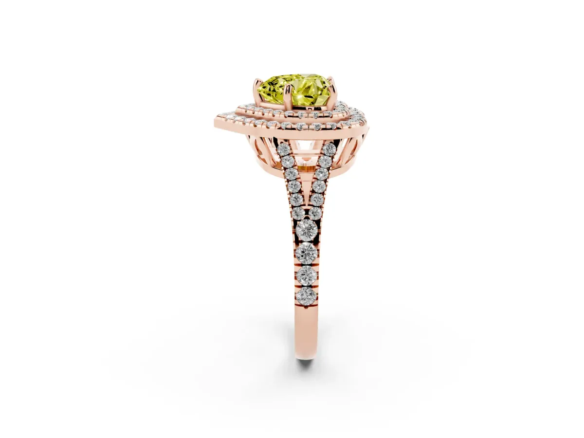 Fancy Yellow Heart Cut Diamond Double Halo Ring with Pavé Band and Prong Setting Rose gold