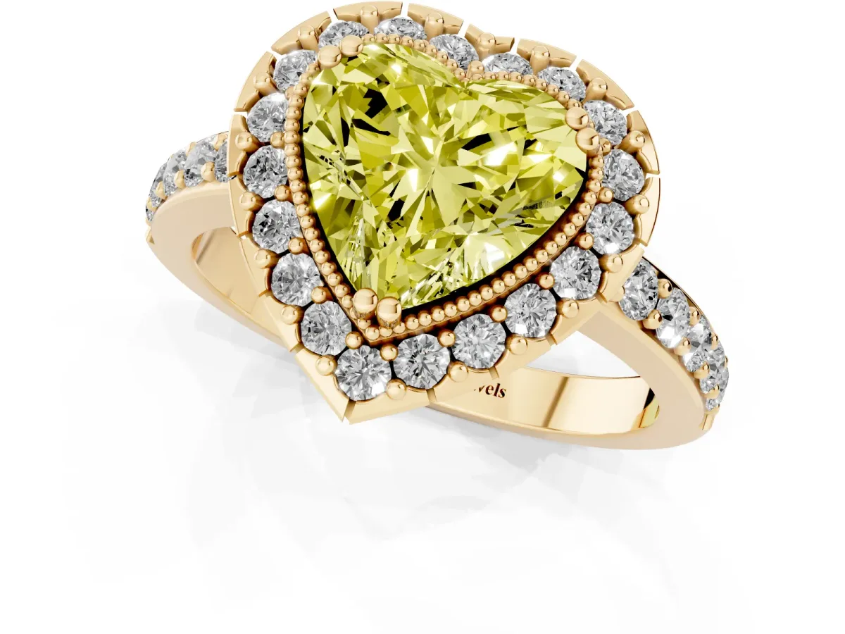 Fancy Yellow Heart Cut Diamond Halo Ring with Pavé Band and Prong Setting Yellow gold