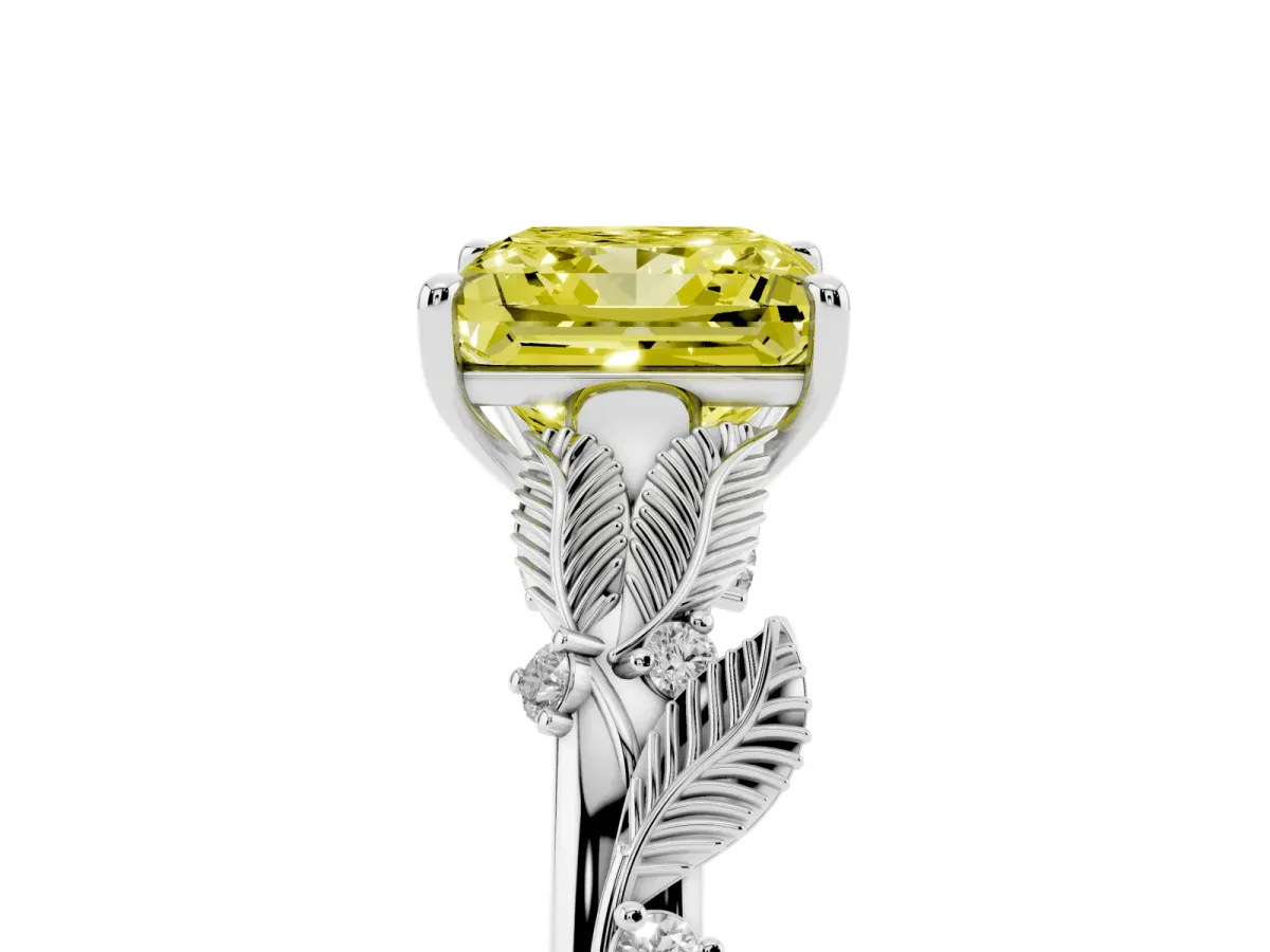 Fancy Yellow Princess Cut Diamond Solitaire Ring with Leaf Motif Band and Four-Prong Setting Silver