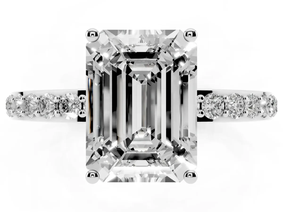Emerald Cut Diamond Solitaire Ring with Pavé Band and Hidden Halo Silver
