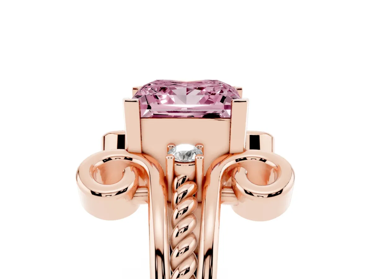 Fancy Pink Princess Cut Solitaire Twisted Band Scroll Prong Ring Rose gold