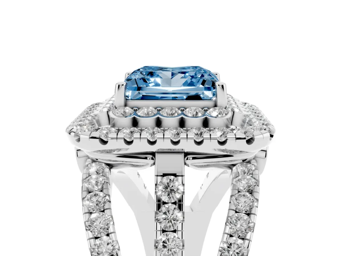 Fancy Blue Princess Cut Diamond Double Halo Ring with Round Pavé Split Shank and Prong Setting Silver
