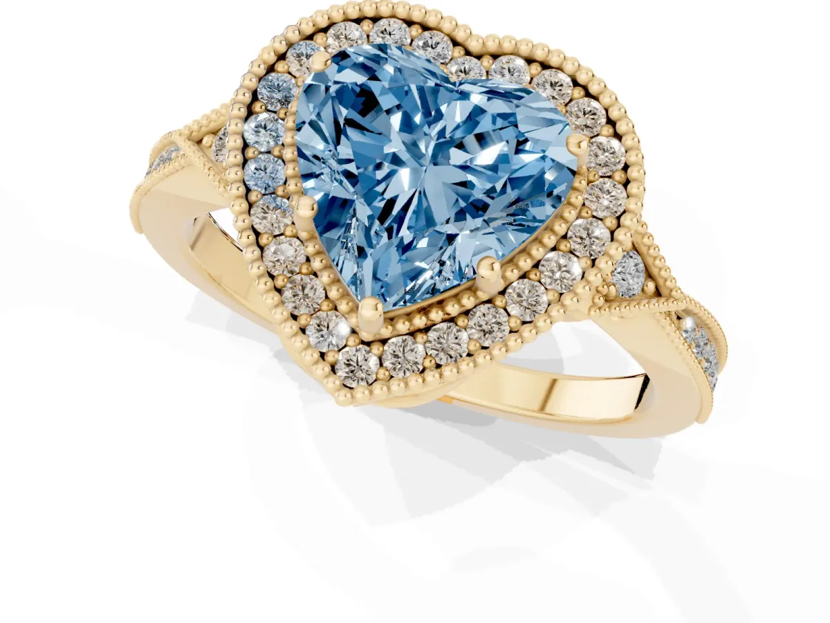 Fancy Blue Heart Cut Halo Round Diamond Milgrain Pave Engagement Ring Yellow gold