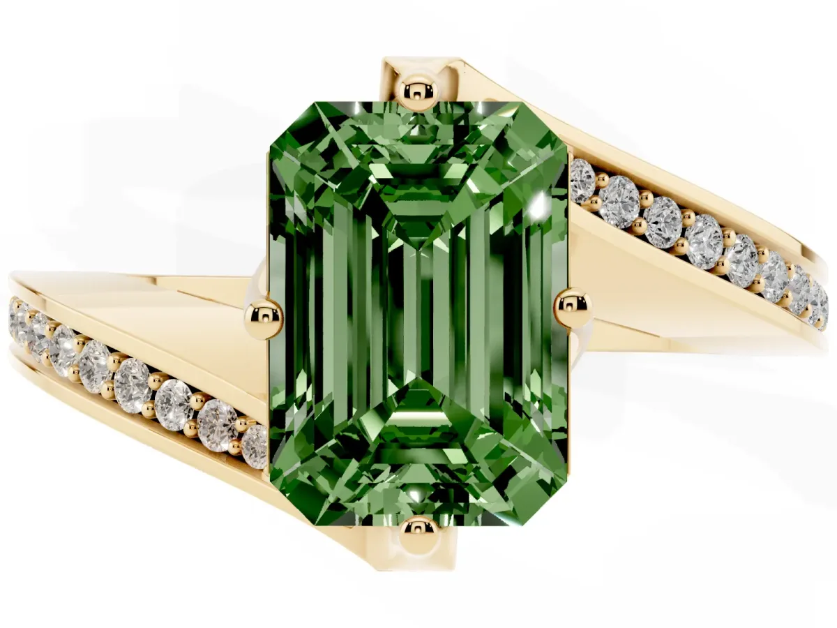 Fancy Green Emerald Cut Solitaire Diamond Twist Band with Pavé Setting and Four-Prong Setting Yellow gold