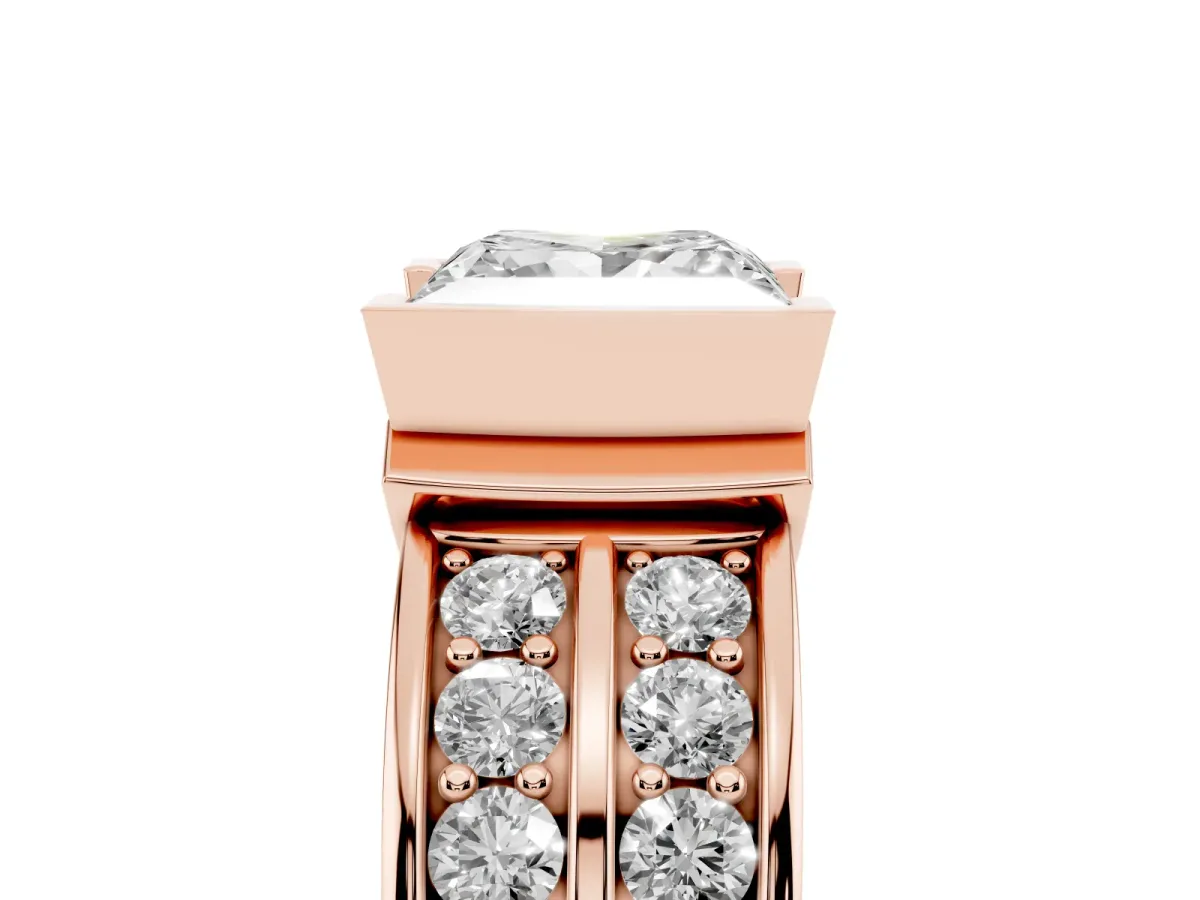 Princess Cut Brilliant Diamond Channel Set Wide Band Ring with Bezel Setting Rose gold