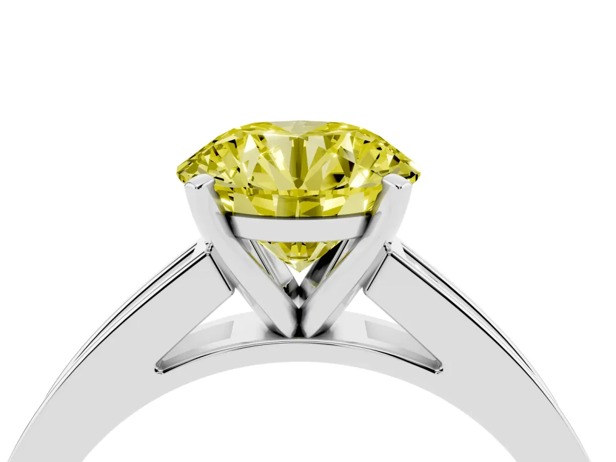 Fancy Yellow Round Cut Solitaire Diamond Ring with Channel-Set Band and Four-Prong Setting Silver