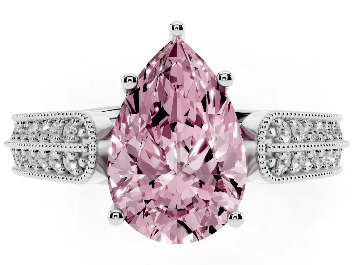 Fancy Pink Pear Cut Cut Pave Split Shank Engagement Ring with Four-Prong Setting White gold