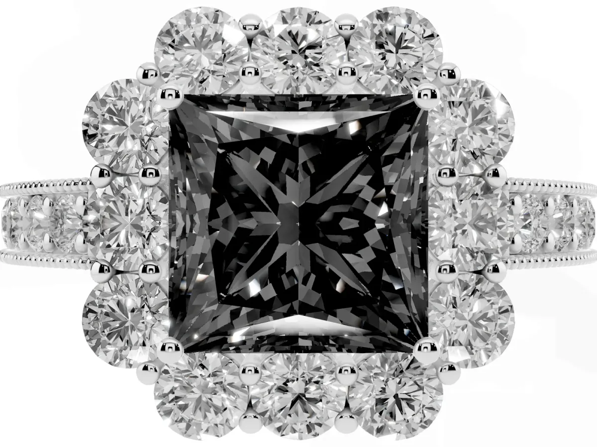 Fancy Black Princess Cut Cut Halo Diamond Pavé Engagement Ring with Milgrain Detailing Platinum