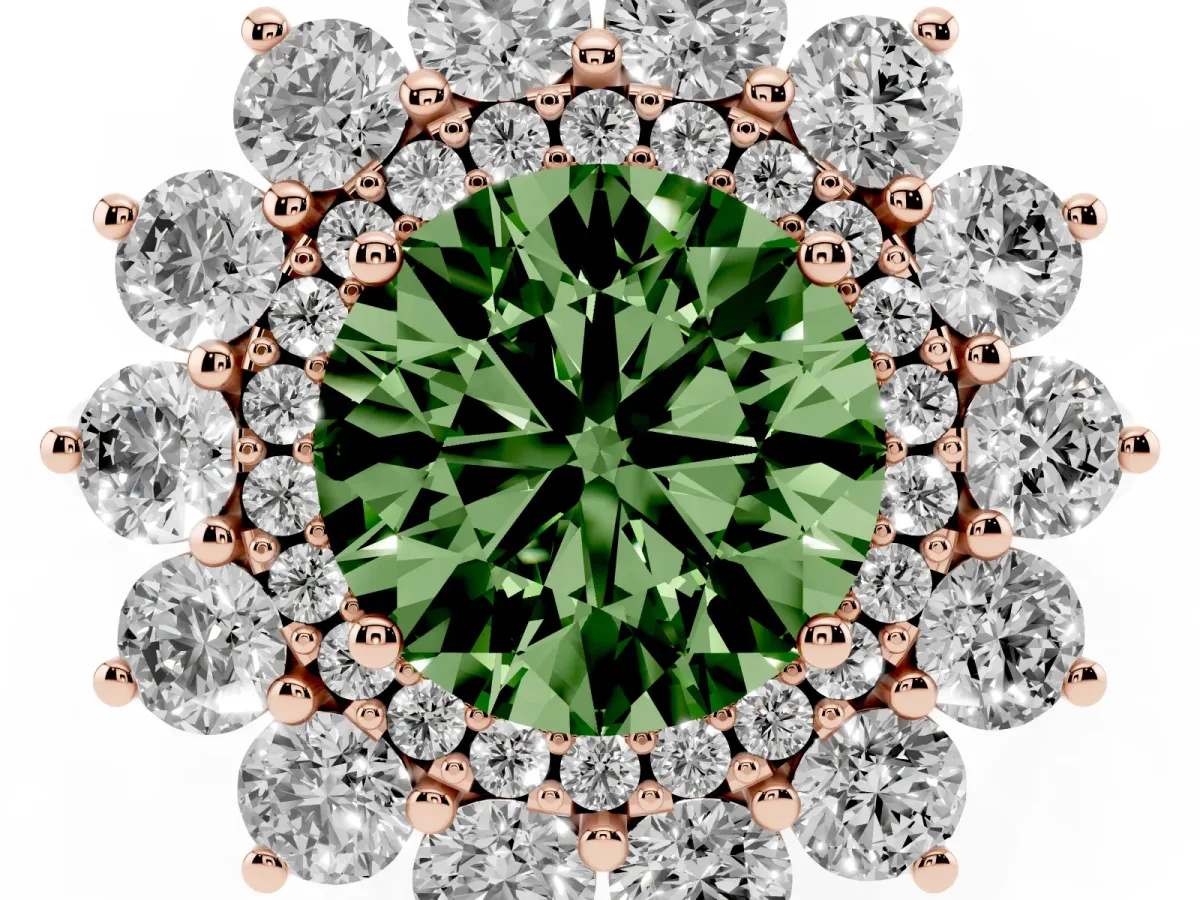 Fancy Green Round Cut Diamond Floral Double Halo Engagement Ring with Prong Setting Rose gold