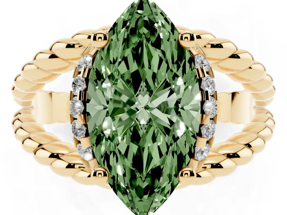 Fancy Green Marquise Cut Halo Twisted Band Four-Prong Ring Yellow gold