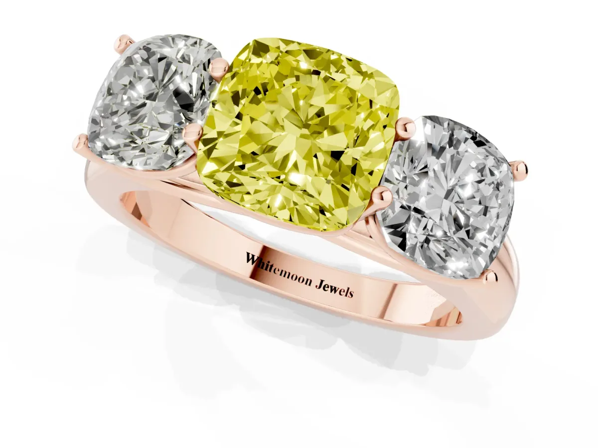 Fancy Yellow Cushion Cut Three-Stone Diamond Ring with Prong Setting on a Classic Band Rose gold