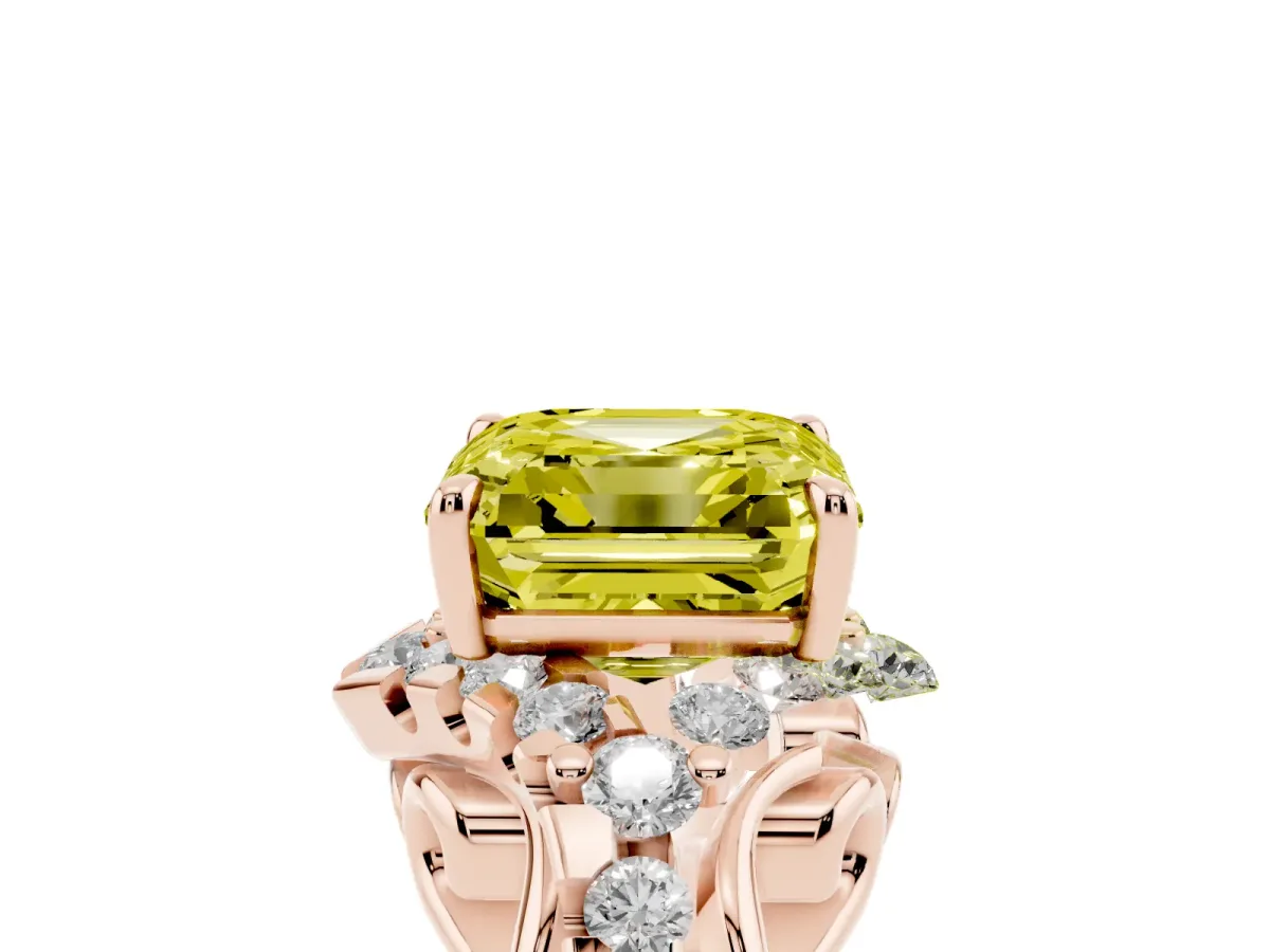 Fancy Yellow Asscher Cut Diamond Solitaire Ring with Hidden Halo and Pavé Band Rose gold