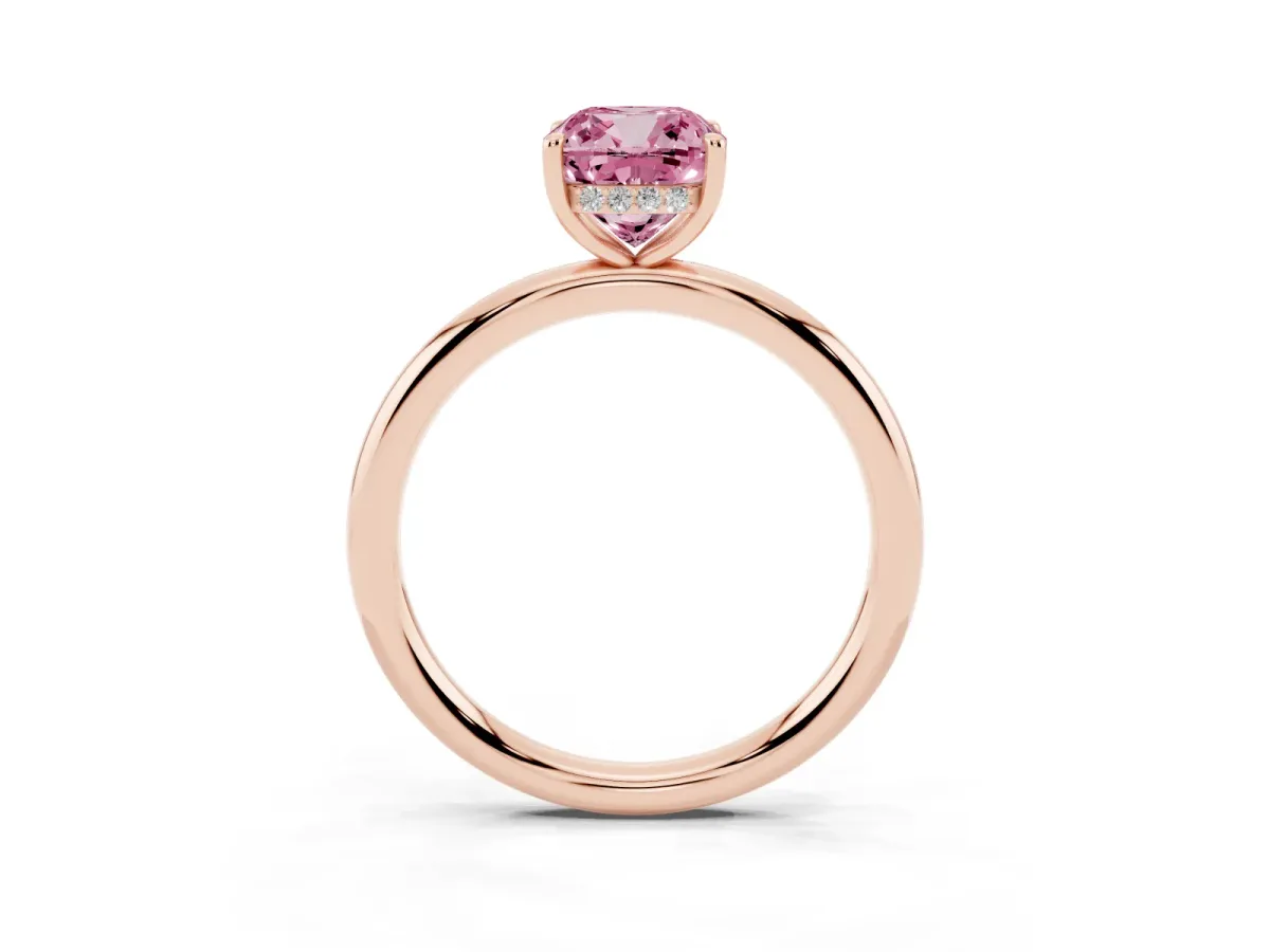 Fancy Pink Cushion Cut Diamond Solitaire Ring with Thin Band and Four-Prong Setting Rose gold