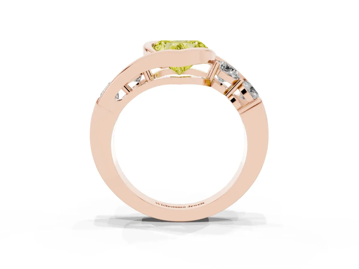 Fancy Yellow Bezel Set Heart Cut Diamond Bypass Ring with Round Accents Rose gold