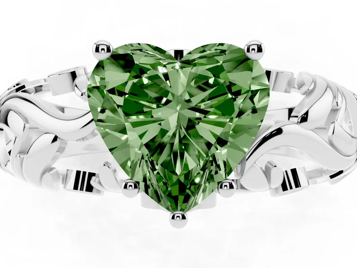 Fancy Green Heart Cut Solitaire Diamond Leaf-Inspired Vine Band Ring with Prong Setting Silver